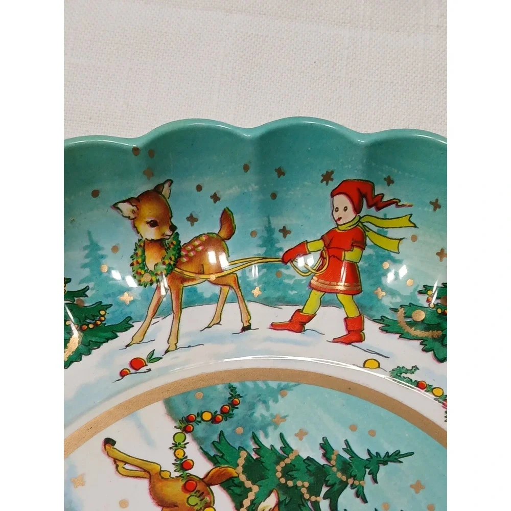 Vintage Deer Pixie Elf Turquoise Blue Plastic Serving Tray Bowl Christmas 60s